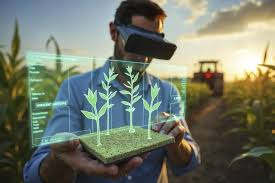 hombre con gafas de realidad virtual viendo el crecimiento de plantas.