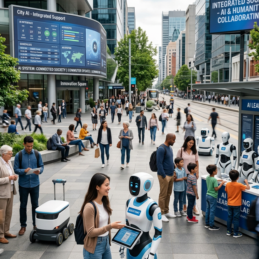 A diverse group of people interacting with humanoid AI robots and autonomous devices in a busy urban plaza with digital displays.